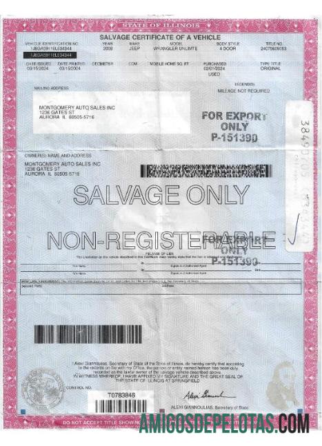 Certificado de salvamento de um veículo nos EUA, Illinois, amostra